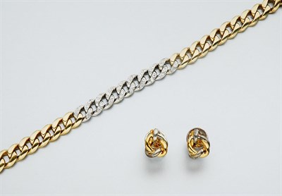 Lot 2473 - Gold and Diamond Curb Link Bracelet and Pair of Gold and Sterling Silver Earrings