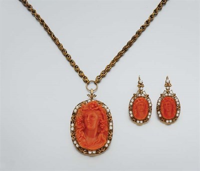 Lot 311 - Antique Gold, Coral Cameo and Pearl Pendant-Brooch Necklace and Pair of Earrings