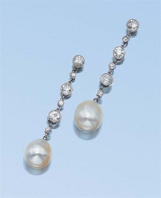 Lot 554 - Pair of Natural Pearl and Diamond Pendant-Earrings