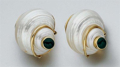 Lot 52 - Pair of Shell and Dyed Green Chalcedony Earclips