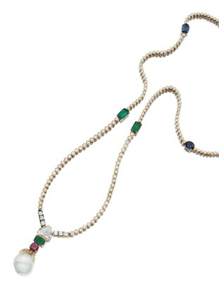 Lot 474 - Diamond, Colored Stone and Cultured Pearl Pendant-Necklace