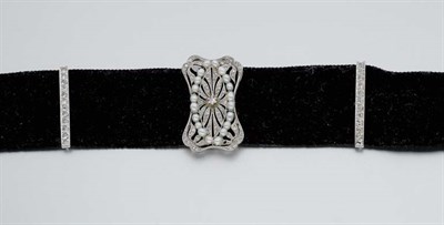 Lot 248 - Diamond, Pearl and Black Velvet Choker Necklace
