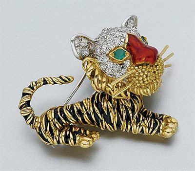 Lot 61 - Two-Color Gold, Enamel, Diamond and Dyed Green Chalcedony Tiger Clip-Brooch
