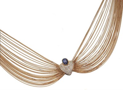Lot 489 - Multi-Strand Gold, Cabochon Sapphire and Diamond Necklace