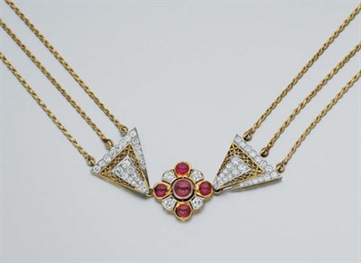 Lot 305 - Triple Strand Gold, Cabochon Ruby and Diamond Bow Necklace