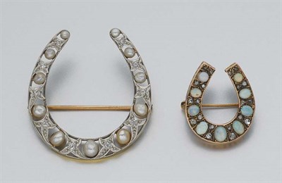 Lot 68 - Two Antique Diamond, Pearl and Opal Horseshoe Brooches