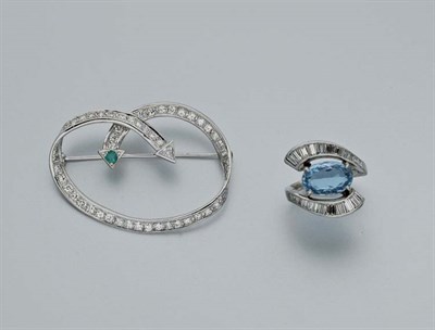 Lot 2639 - Blue Topaz and Diamond Ring and Diamond and Emerald Brooch