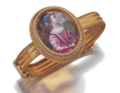 Lot 426 - Antique Gold, Portrait Miniature and Enamel Slide Bracelet
