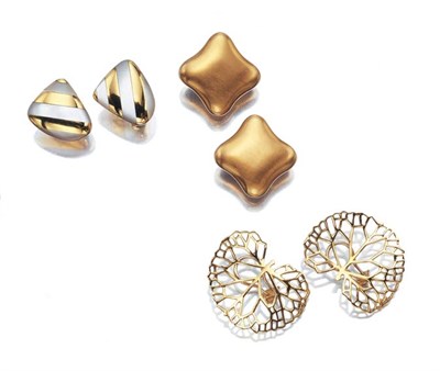 Lot 482 - Two Pairs of Gold Earclips and Pair of Gold and Mother-of-Pearl Earrings