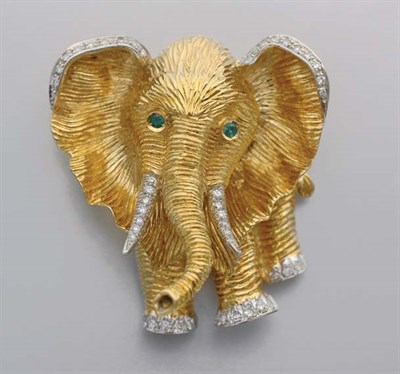Lot 117 - Gold, Diamond and Emerald Elephant Clip-Brooch
