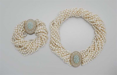 Lot 66 - Sixteen Strand Biwa Pearl, Gold, Carved Jade, Frosted Rock Crystal and Diamond Torsade Necklace and Bracelet