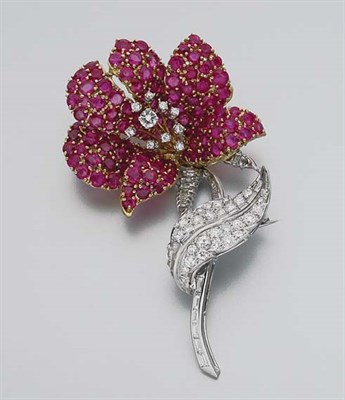 Lot 45 - Platinum, Gold, Ruby and Diamond Flower Brooch