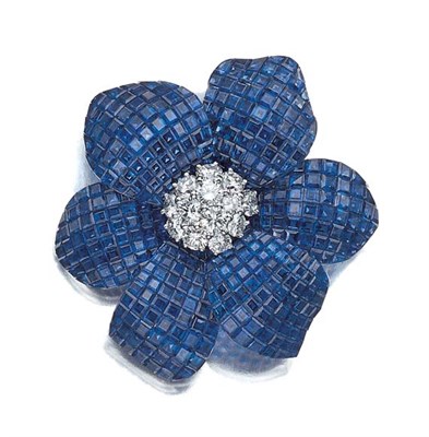 Lot 525 - Invisibly-Set Sapphire and Diamond Flower Clip-Brooch