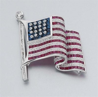 Lot 307 - Ruby, Sapphire and Diamond American Flag Clip-Brooch