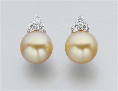 Lot 156 - Pair of Golden Cultured Pearl and Diamond Earclips