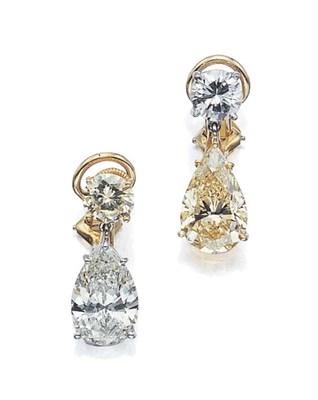 Lot 542 - Pair of Diamond and Fancy Yellow Diamond Pendant-Earrings