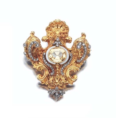 Lot 435 - Antique Gold, Silver, Topaz, Diamond and White Enamel Brooch