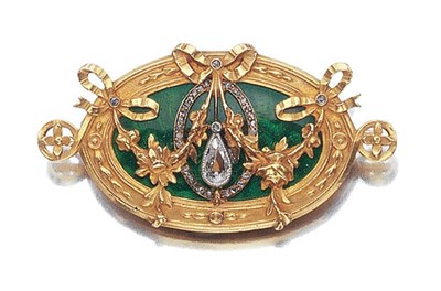 Lot 430 - Antique Gold, Guilloche Green Enamel and Diamond Brooch