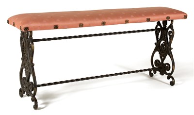 Lot 230 - Upholstered Wrought Iron Bench Length 48 inches.
