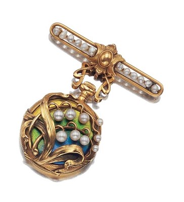 Lot 453 - Art Nouveau Gold, Multi-Colored Enamel and Pearl Lapel-Watch