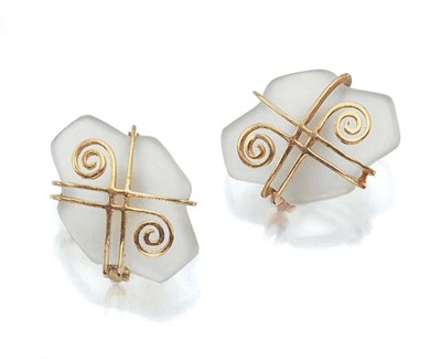 Lot 458 - Pair of Gold and Frosted Rock Crystal Earclips