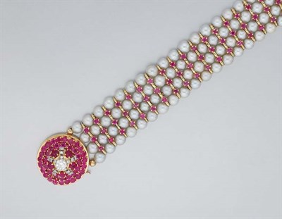 Lot 43 - Four Strand Cultured Pearl, Ruby and Diamond Bracelet