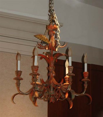 Lot 1467 - Red Tole Floriform Six-Light Chandelier Height...