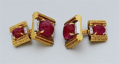 Lot 249 - Pair of Gold, Cabochon Ruby and Diamond Cufflinks