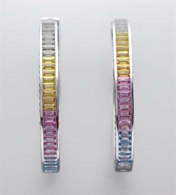 Lot 2340 - Pair of White Gold and Multi-Colored Sapphire Hoop Earrings