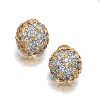 Lot 497 - Pair of Two-Color Gold and Diamond Bombe Earclips