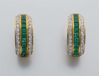 Lot 132 - Pair of Gold, Emerald and Diamond Hoop Earrings
