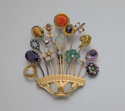 Lot 301 - Gold, Diamond and Gem-Set Stick Pin Brooch