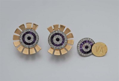 Lot 296 - Pair of Gold, Platinum, Amethyst and Diamond Earrings and Single Cufflink