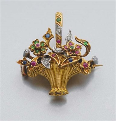 Lot 338 - Gold, Diamond, Demantoid Garnet, Ruby and Sapphire Basket Brooch