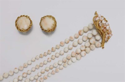 Lot 184 - Four Strand Angel Skin Coral Bead and Gold Bracelet and Pair of Earclips