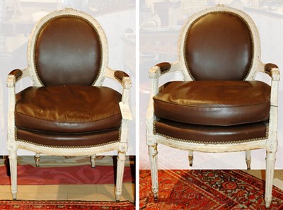 Lot 605 - Pair of Louis XVI Style White Painted Fauteuils