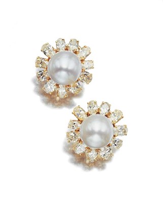 Lot 475 - Pair of Cultured Pearl and Diamond Flower Earclips