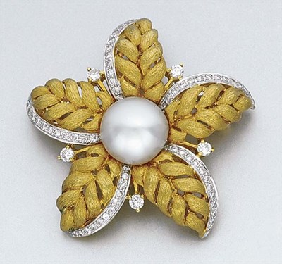 Lot 252 - Gold, Cultured Pearl and Diamond Flower Clip-Brooch
