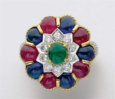 Lot 262 - Cabochon Ruby, Sapphire, Emerald and Diamond Flower Ring