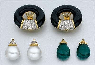 Lot 347 - Pair of Black Onyx and Diamond Earclips with Cultured Pearl and Emerald Pendants