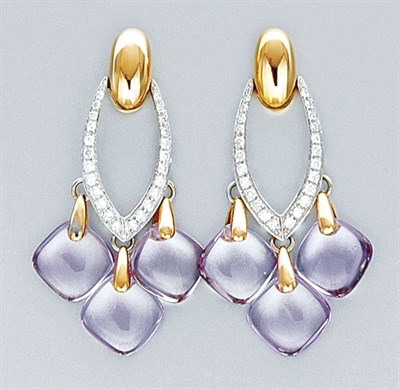 Lot 171 - Pair of Two-Color Gold, Amethyst and Diamond Pendant-Earrings