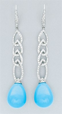Lot 185 - Pair of  Diamond and Turquoise Pendant-Earrings
