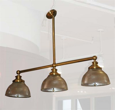 Lot 1466 - Brass and Glass Three-Light Billiard Lamp...