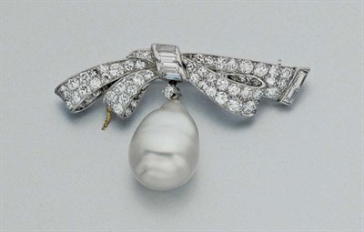 Lot 130 - Diamond and Baroque Cultured Pearl Bow Brooch