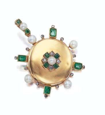 Lot 436 - Antique Gold, Pearl, Emerald and Diamond Pendant
