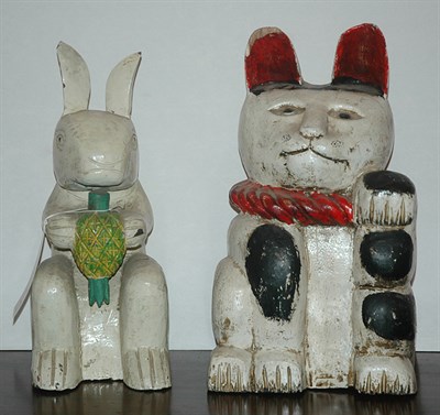 Lot 116 - Two Painted Wood Folk Art Decorations of a Cat...