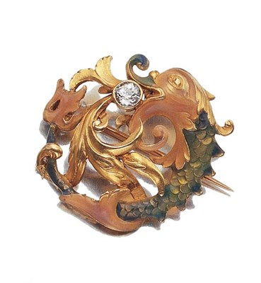 Lot 454 - Art Nouveau Gold, Enamel and Diamond Dragon Brooch