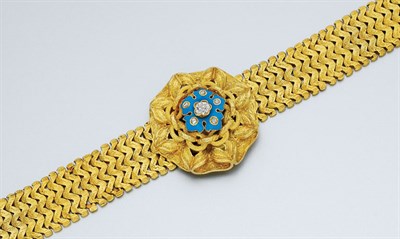 Lot 422 - Antique Gold, Turquoise Enamel and Diamond Bracelet