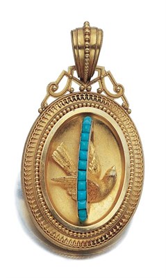 Lot 421 - Etruscan Revival Gold and Turquoise Pendant-Brooch