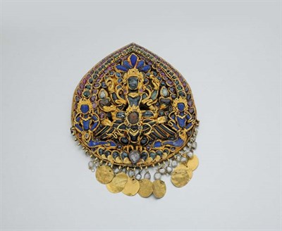 Lot 81 - Indian Gold, Carved Emerald, Colored Stone, Lapis and Pearl Pendant